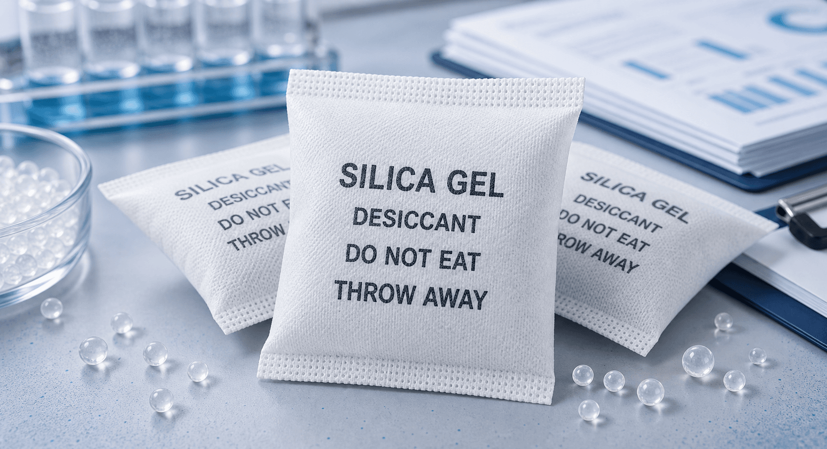 Silica gel desiccant sachets printed with do not eat and throw away warning text